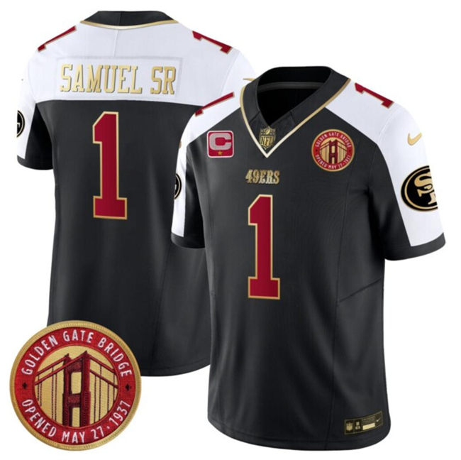 Men's San Francisco 49ers #1 Deebo Samuel Sr. Balck/White F.U.S.E. With 1-Star C Patch Golden Gate Bridge Patch Alternate Vapor Limited Football Stitched Jersey